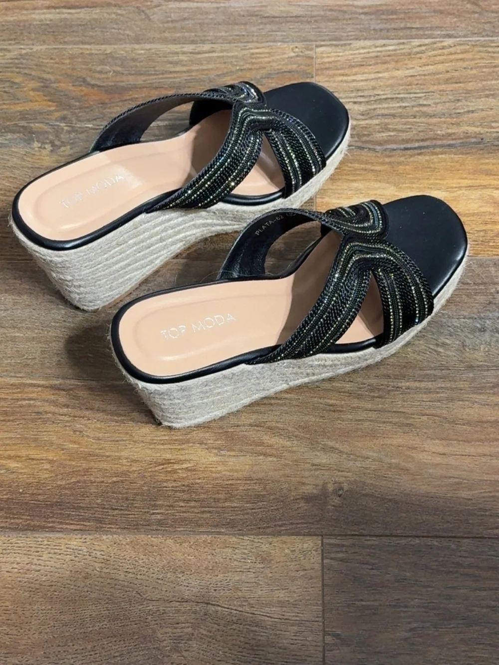 TOP Moda Black Wedge Slide Sandals with Decorative Straps